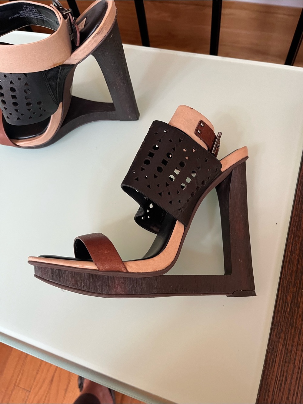 BCBGMaxAzria Black and Brown Cutout Wedge Heel Sandals